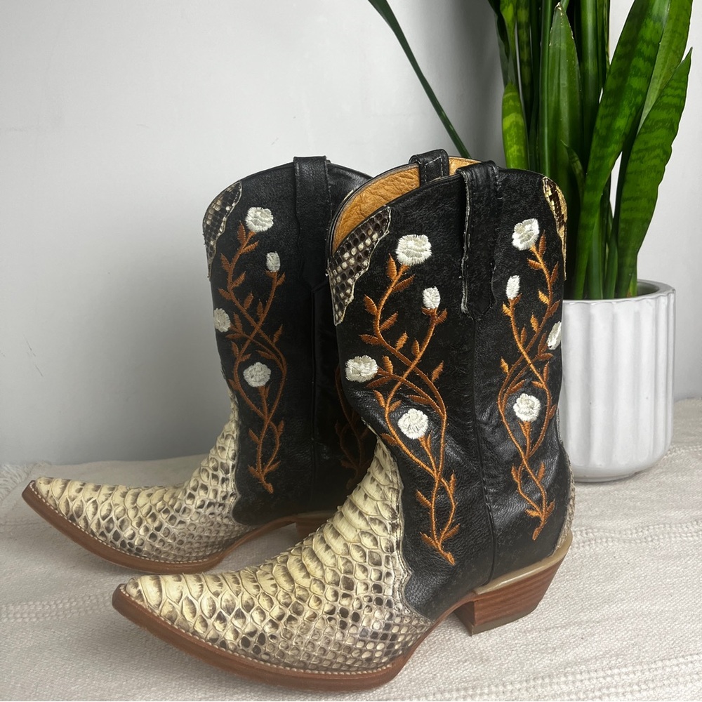 JAR Western Cowboy Boots Genuine Python Leather Hand Embroidered Size W9.5